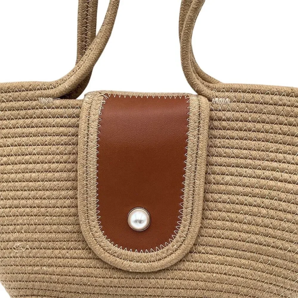 Handmade Woven Tote Bag Large Brown Cotton Rope Bucket Handbag‎